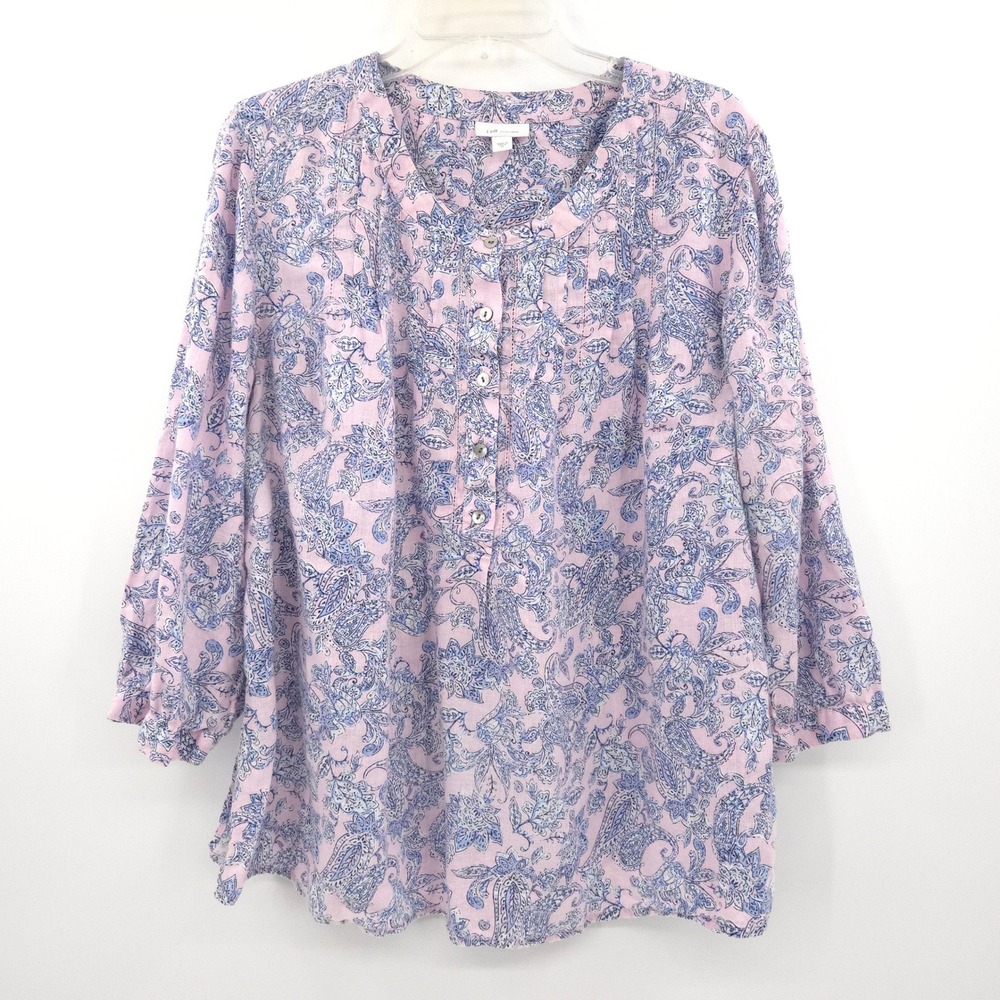 J. Jill Love Linen Blouse Women XL Pink Blue Paisley Print 3/4 Sleeve Top